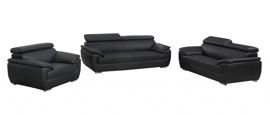 Three Piece Indoor Black Genuine Leather Six Person Seating