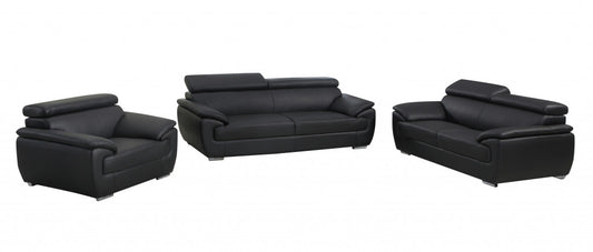 Three Piece Indoor Black Genuine Leather Six Person Seating