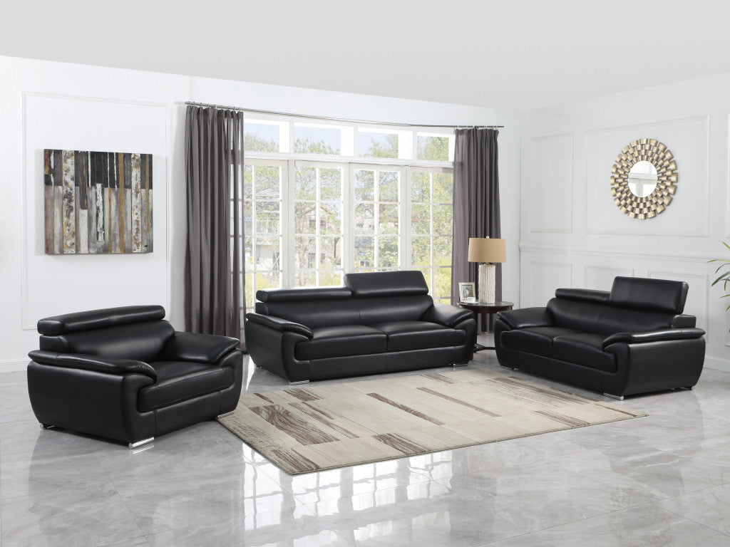 Three Piece Indoor Black Genuine Leather Six Person Seating 