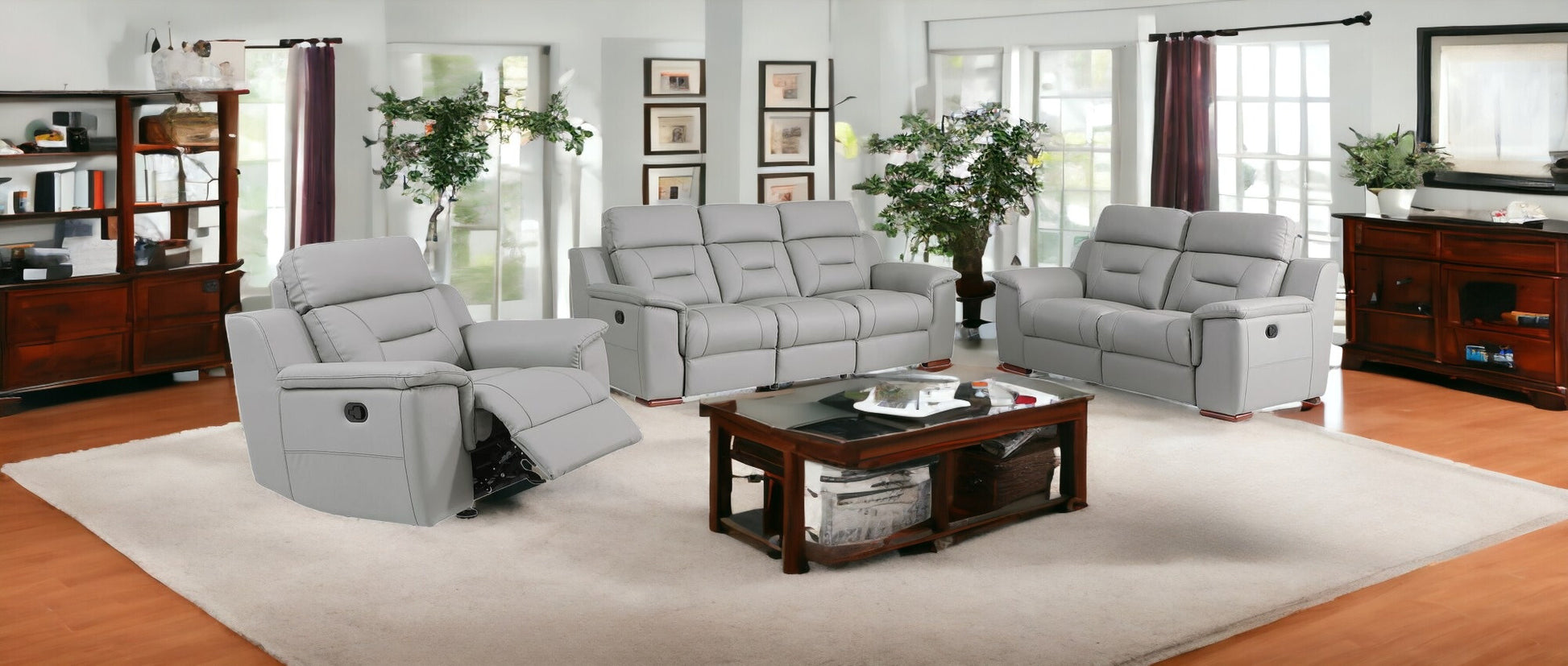 Three Piece Indoor Gray Genuine Leather Five Person Seating