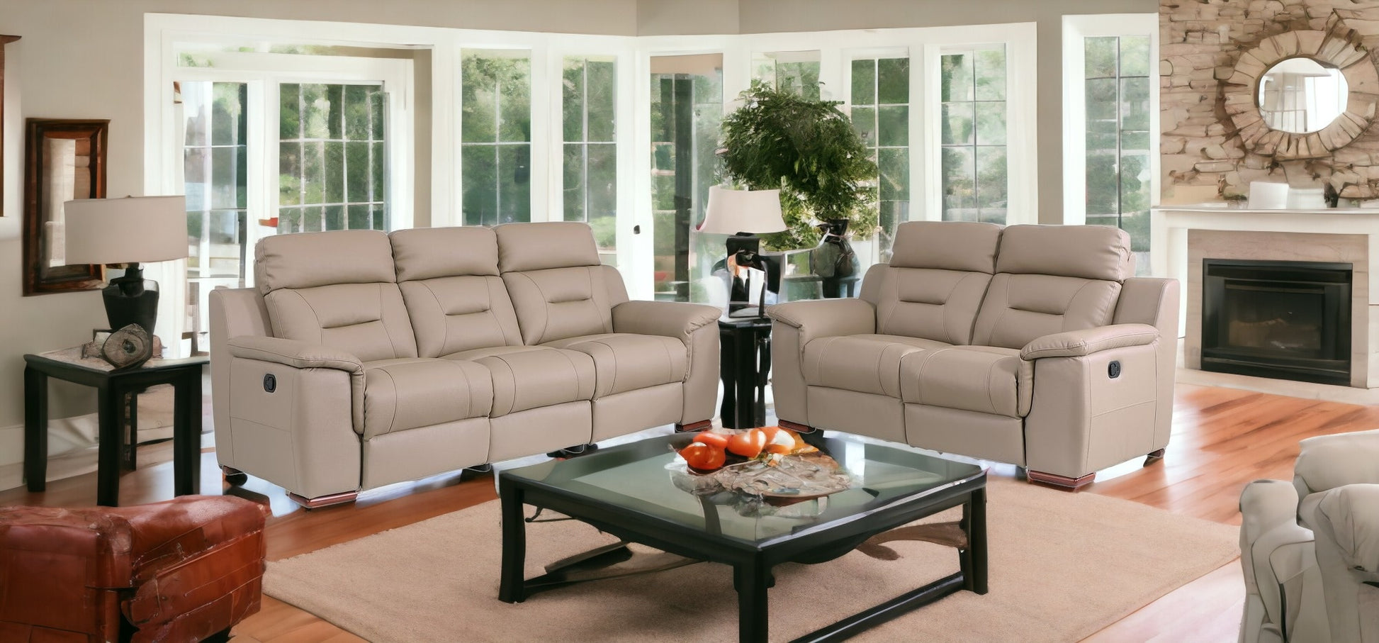 Two Piece Indoor Beige Genuine Leather Five Person Seating  