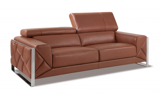 89" Camel Italian Leather Sofa With Silver Legs-2