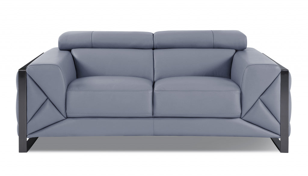 Two Piece Indoor Light Blue Italian Leather Five Person Seating