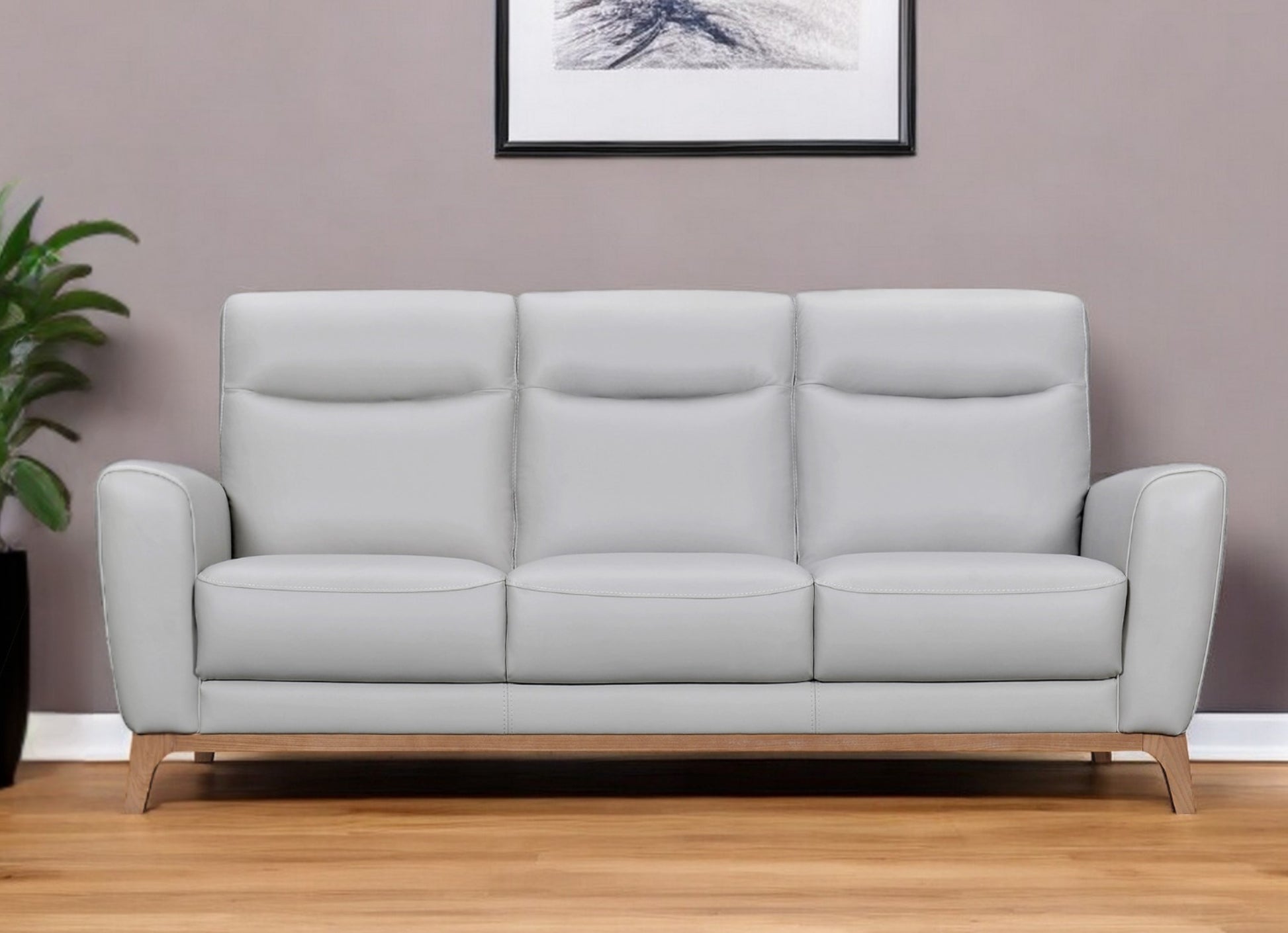 83" Gray Leather Sofa With Brown Legs-0