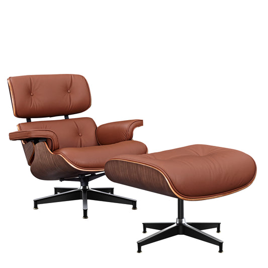27" Brown and Light Brown Tufted Genuine Leather Swivel Lounge Chair With Ottoman-3